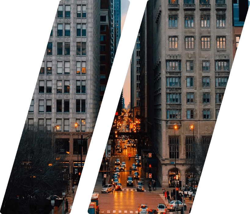 Chicago street at dusk between high-rise buildings